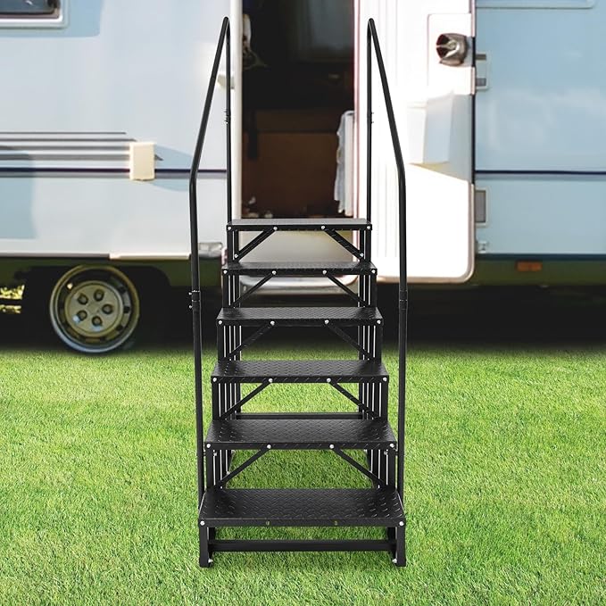 6-Step RV Steps with Handrail, Heavy Duty Carbon Steel Freestanding Outdoor Stairs for RV Camper Mobile Home Pool Hot Tub, Portable Staircase (6 Steps)