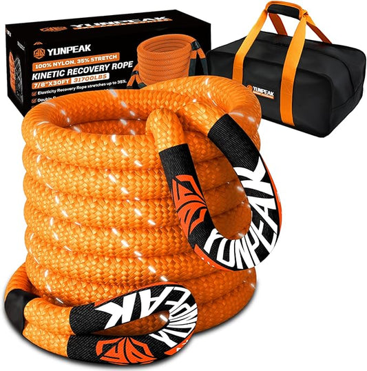 7/8" x 30ft Heavy-Duty Kinetic Recovery Rope – 31,700lbs Break Strength – Ideal for Trucks, SUVs, Jeeps, UTVs, ATVs & Tractors (Orange)