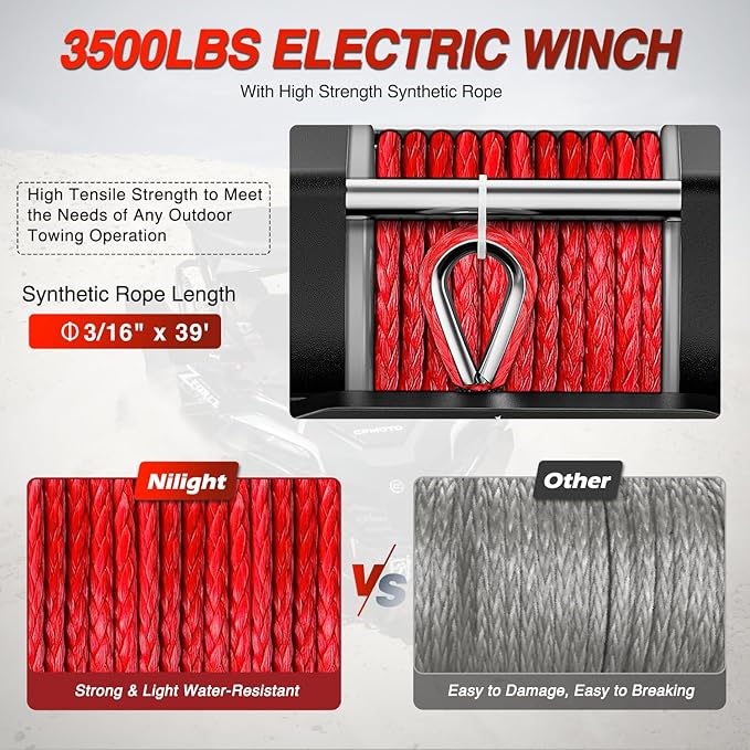Nilight 3500 lbs ATV Winch 12V Electric Winches With Synthetic Winch Rope Wireless Remote Wired Switch Fairlead Mounting Plate Portable Waterproof Winch for Towing ATV UTV Trailer Truck Jeep Offroad