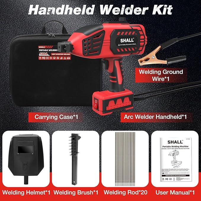 SHALL Portable Electric Welding Machine, 110V Handheld ARC Welder with IGBT Inverter, 0-120 Amp Adjustment Current for 1/16''-1/8'' Welding Rods