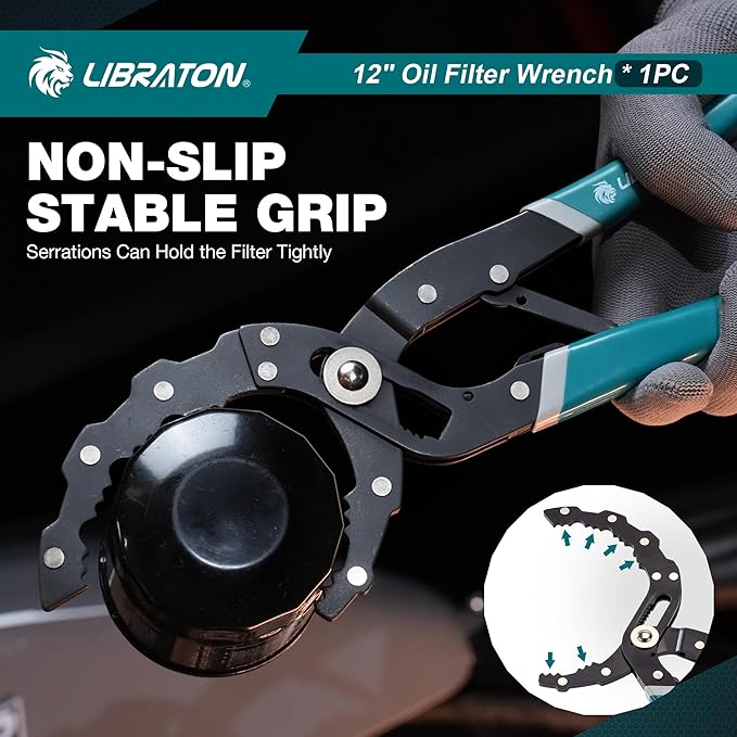 LIBRATON Oil Filter Wrench, 12" Oil Filter Pliers, Quick Adjustable Oil Filter Removal Tool with Spring Structure (2-3/8" to 4-3/4" Opening), One-Hand Use, for Cars, Motorcycles & Trucks