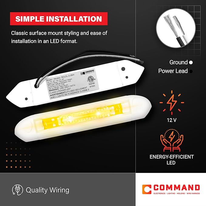 Command Electronics 12V LED Exterior Extruded Porch Light – Surface Mount Utility – IP67 Rating OEM RV, Camper, Bus, Truck, & Trailer – 8"x1.4"x1.4" – White Case/Amber Light 2-Pack