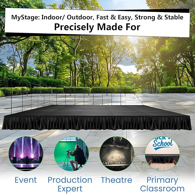 12'x20' Portable Stage Platform with 15 MyStage, 7 Railings & 6 Skirts - Performance Floor Versatile Platform Modular System Stage - DJ, Drum, Camera Stage Riser - Easy to Carry & Transport