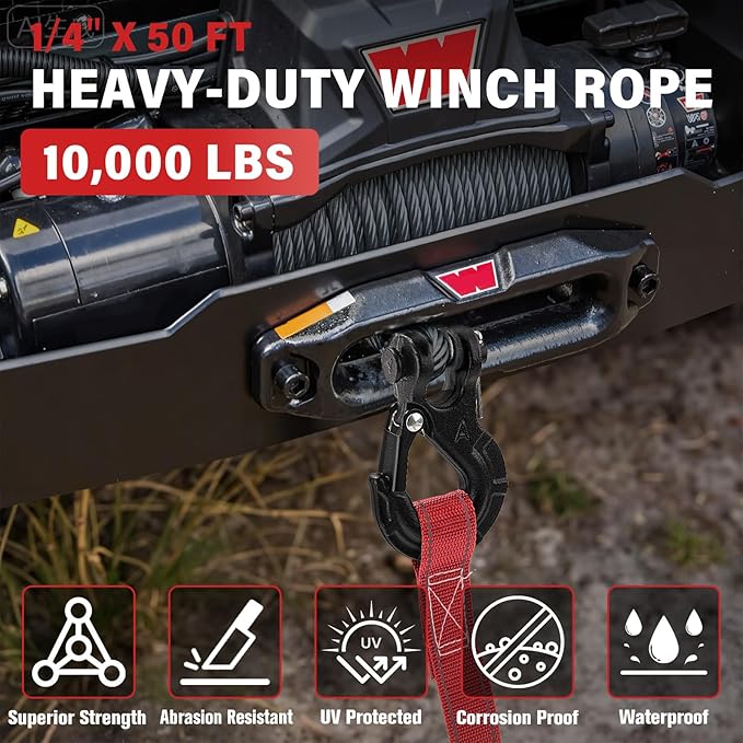 Synthetic Winch Rope Kit - 1/4" x 50' 10000 lbs Synthetic Winch Cable for ATV UTV Off-Road Vehicles with Forged Hook, Rubber Stopper, Protective Sleeve and Safety Pull Strap - Grey
