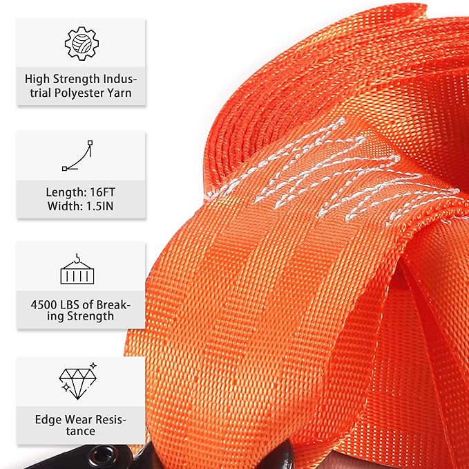 Trailer Winch Strap with Hook, 1.5in 16ft Heavy Duty Boat Winch Strap with 4500lbs Break Strength for Towing Vehicles, Boats, Trailer, Towing (Orange)