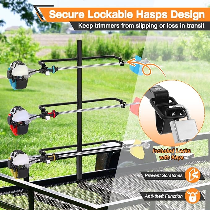 3 Place Weed Eater Rack, Mount On Landscape Truck Trailer Enclosed Trimmer Rack Holder, Open and Enclosed Trailers Tool with Locks, Wall Mounted Lawn Equipment Accessories, Carbon Black