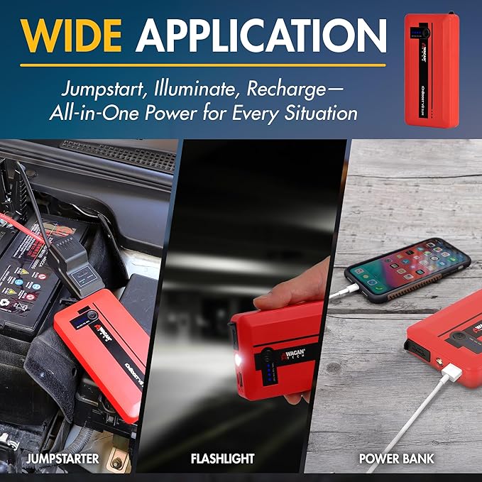 Wagan EL7601 iOnBoost V8 Slim Jump Starter 1200A Peak 12V Portable Lithium Car Battery Booster for Up to 4.0L V8 Gas or 2.0L Diesel 12V Jump Pack with USB Power Bank and LED Light