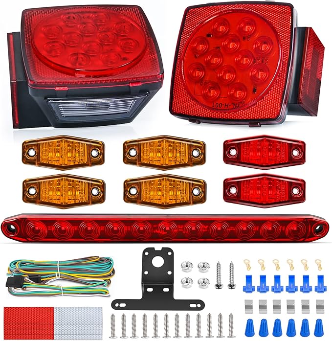 Nilight LED Trailer Light Kit Square Stop Turn Tail Red Amber Side Marker lights Third Brake ID Bar for 12V Utility Boat Camper RV Trucks Marine Snowmobile