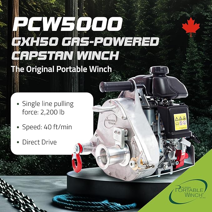 Portable Winch PCW5000 Gas-Powered Capstan Winch - 2200 lbs Pulling Capacity Winch, Honda GXH50 Engine Portable Gas Winch for Hunting, Logging, and Towing