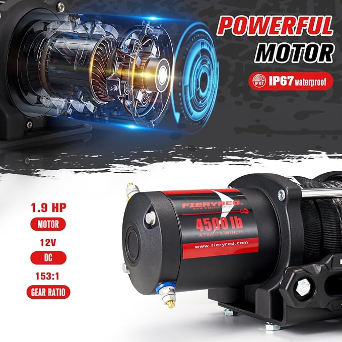 FIERYRED ATV/UTV Winch 12V 4500 lb Electric Winch with Synthetic Rope, with Wireless Remote Control Hawse Aluminium Fairlead & Mounting Bracket, Waterproof IP67