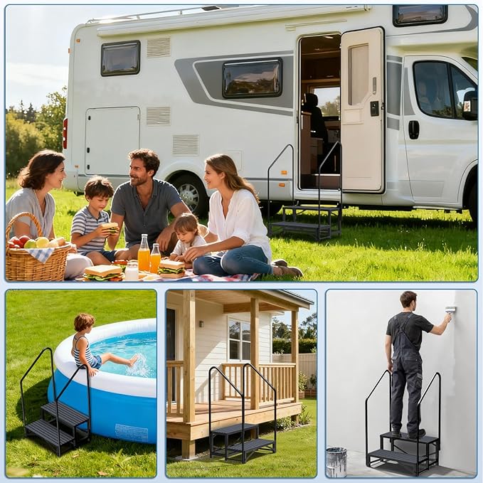 RV Steps with Handrail, 2 Steps RV Stair, Mobile Home Stairs for Camper, Trailer, hot tub, Steps with Non-Slip mat, 660lbs Capacity