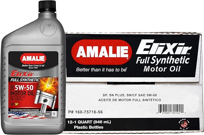 Amalie Elixir Full Synthetic 5W-50 Motor Oil (160-75716-56) 1 Quart Bottle, Pack of 12 | Made in USA