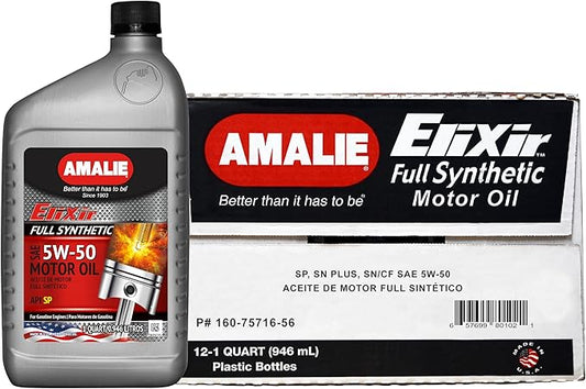 Amalie Elixir Full Synthetic 5W-50 Motor Oil (160-75716-56) 1 Quart Bottle, Pack of 12 | Made in USA