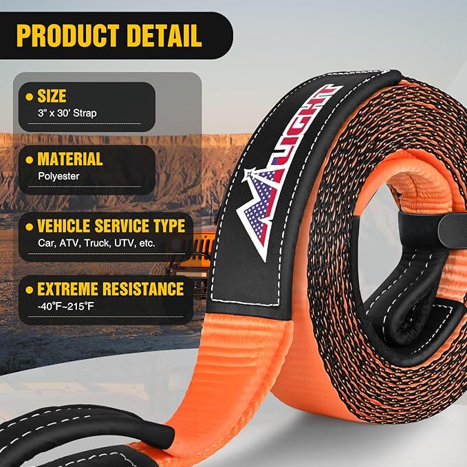 Nilight 3" x 30' Recovery Tow Strap Lab Tested 31,500lbs Break Strength Heavy Duty Off Road Straps with Triple Reinforced Loop Emergency Towing Rope of Mind for SUV, UTV, ATV, Truck, 2 Years Warranty