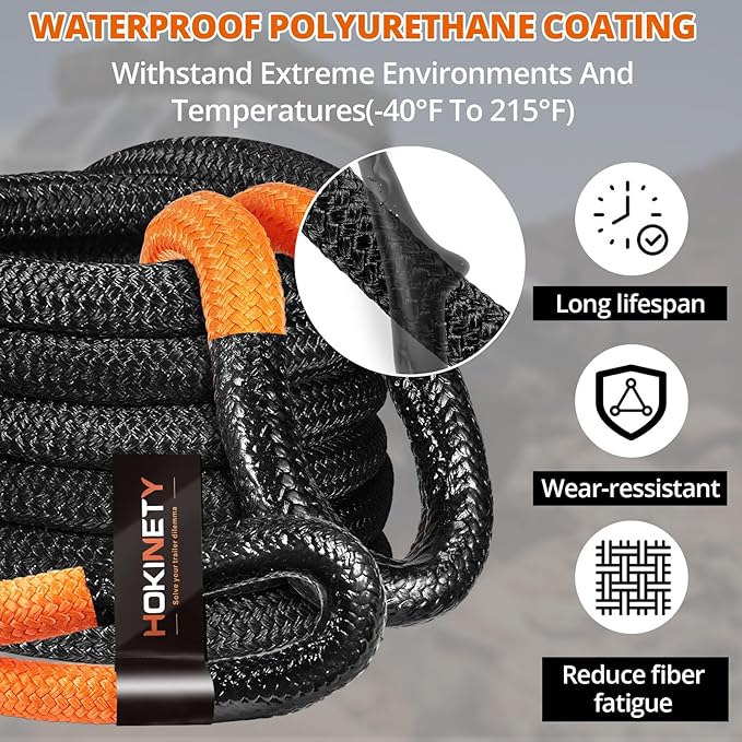Kinetic Recovery Tow Rope: 1.26" x 30ft Snatch Strap with Soft Shackles Heavy Duty Offroad Towing Straps Kit for Trucks SUV UTV ATV Tractor Car Jeep - Black