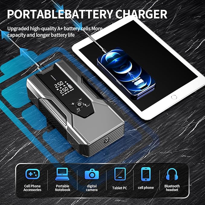 Emergency Portable Jump Starter with Air Compressor - 3000A 150PSI for Cars, Trucks & SUVs up to 9L Gas/7L Diesel, 12000mAh Portable Power Bank, -20°F Cold Start (Grey)