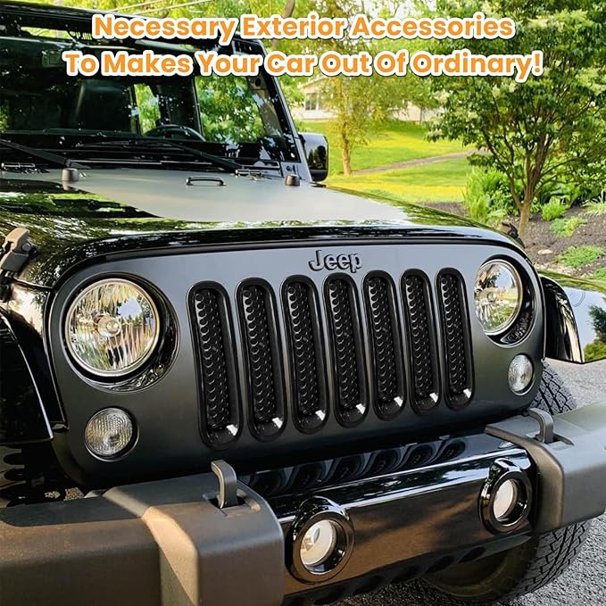 7PCS Front Grill Mesh Inserts for Jeep Wrangler JK JKU Unlimited 2007 2008 2009 2010 2011 2012 2013 2014 2015 2016 2017 2018 Grille Guard Cover Trim Clip-in Exterior Accessories (Glossy Black)