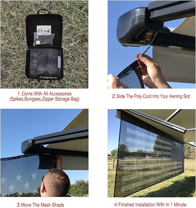 Tentproinc RV Awning Sun Shade Screen 8' X 11' 3'' (American Flag) Black Mesh Sunshade Camper Trailer Awning Shade Screen UV Blocker Completed Kits