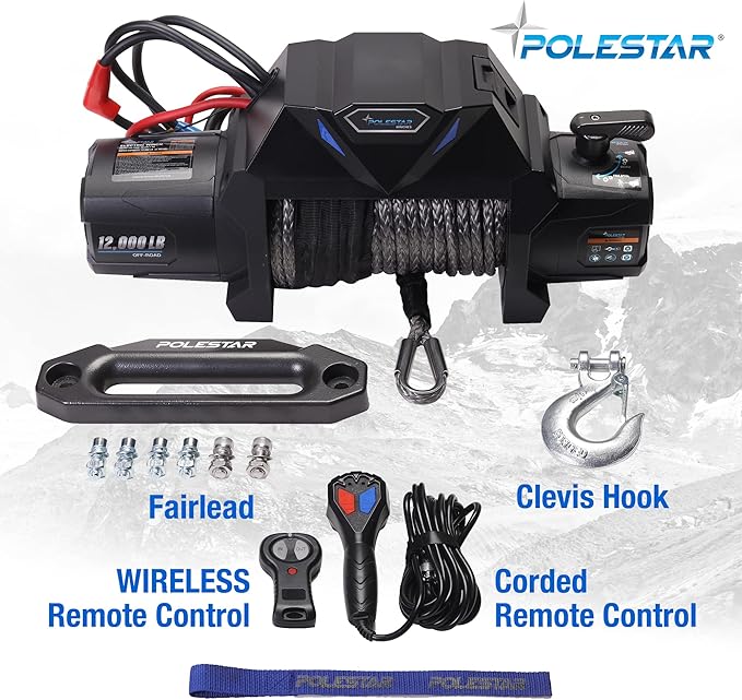 POLESTAR 12V DC 12,000 lb Electric Winch with Waterproof Synthetic Rope 3/8" Diameter x 82' Length, Wireless Remote Control