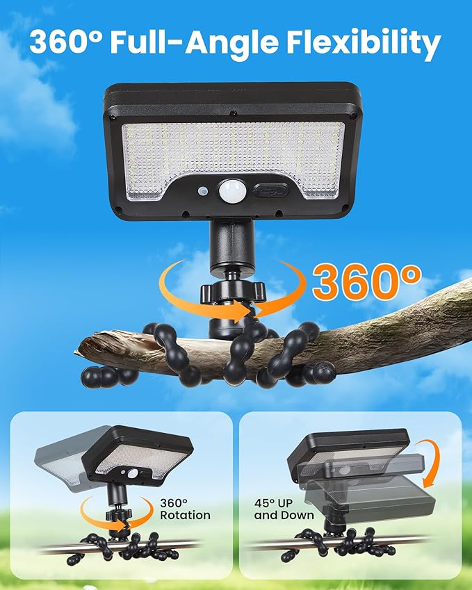 LUHLEE Solar Motion Lights Outdoor, 600LM RV Outdoor Lights with Flexible Tripod,USB & Solar Dual Charging, Motion Sensor RV Exterior Llight for Camper, Motorhome, Trailer, Camping Tent (2 Pack)