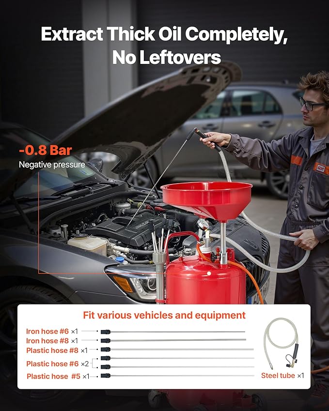 VEVOR 21 Gallon Waste Oil Drain Tank, Air Operated Portable Oil Drainer with Adjustable Funnel Height, Industrial Fluid Drain Tank with Wheels, Fluid Fuel Transfer Drainage for Auto Repair Shops, Red