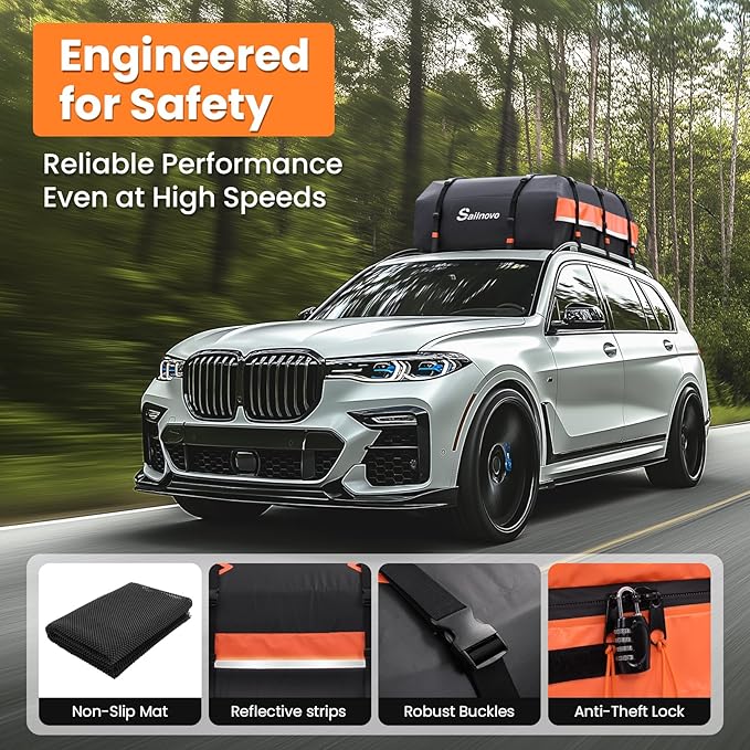Sailnovo Car Rooftop Cargo Carrier 21 Cubic Feet, Waterproof 1000D PVC Car Roof Bag with Anti-Slip Mat, Combination Lock, Storage Bag, Door Hooks & Tie-Down Strap fit Vehicle with/Without Luggage Rack
