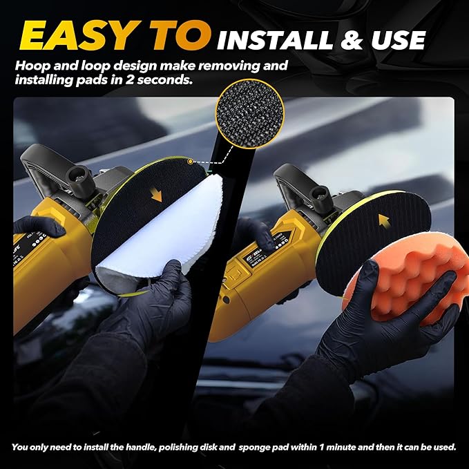 GEVEELIFE Buffer Polisher, 6 Inch/7 Inch 1600W Rotary Car Buffer Polisher Waxer, 7 Variable Speed 1000-3500 RPM, Detachable Handle for Car, Boat Sanding, Polishing, Waxing(Yellow)