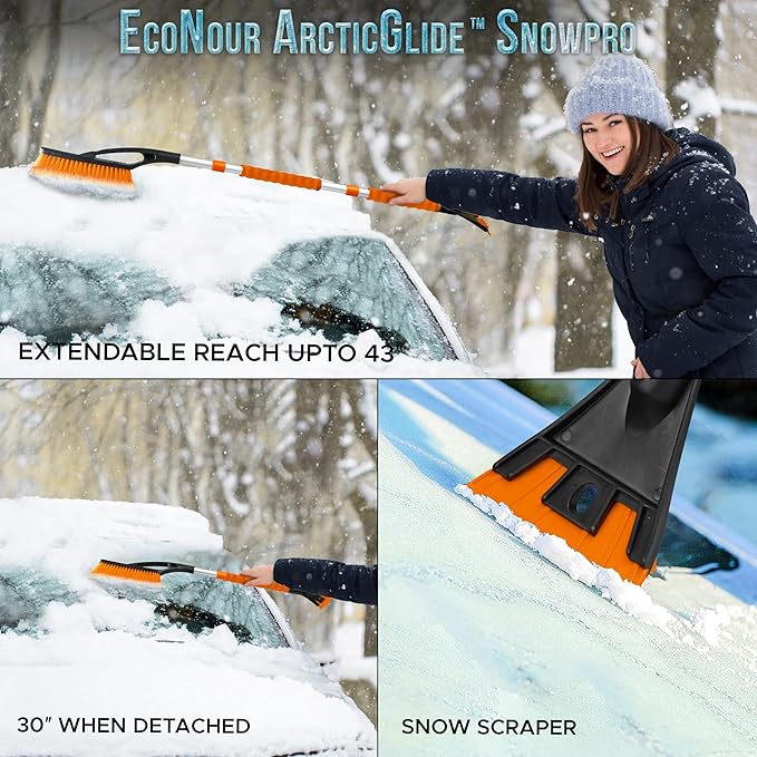 EcoNour 43" Ice Scrapers for Car Windshield Extendable | 3 Parts Detachable Telescopic Snow Brush for Car, Trucks, SUV | Long Snow Scraper with Brush | Car Winter Accessories (2 Pack)