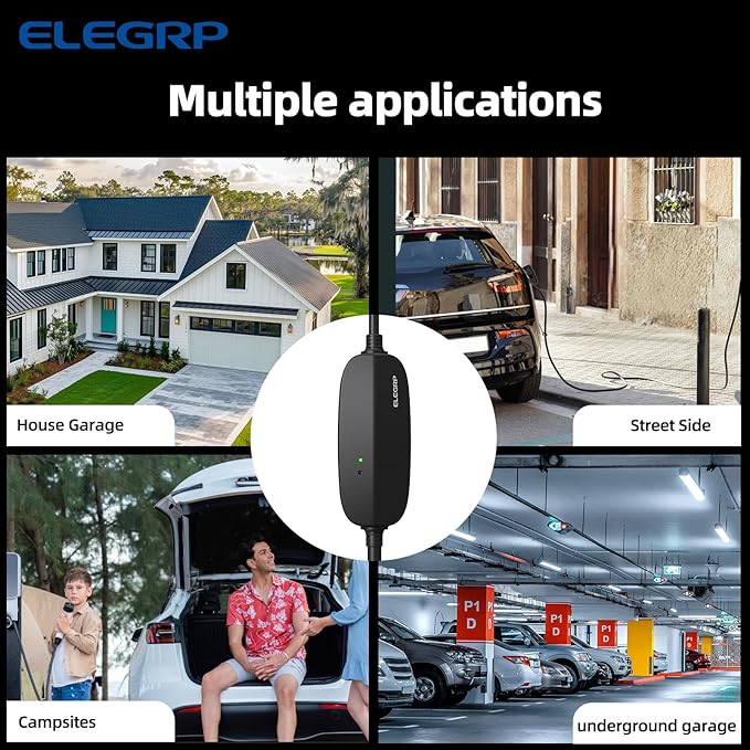 ELEGRP Level 1/2 EV Charger, 16 Amp, Portable J1772 Electric Car Charger, 16FT Cable, NEMA 6-20 & 5-15 Adapter, 110V-240V for BEVs/PHEVs, PBE & LRC Technology