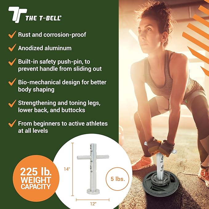 T-Bell – Adjustable, Functional Fitness Accessory for Body Shaping, Core Leg, Back and Buttocks Strength. Rustproof, Durable Rotating T-Bar Design, 225 lb. Capacity. 15.25” H x 10” W x 2” Diameter