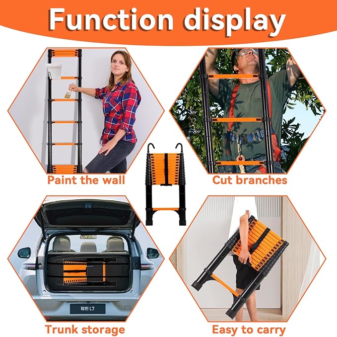 12.5FT Telescoping Ladder, Aluminum Extension Ladder w/Triangle Stabilizers and Non-Slip Feet, Multi-Purpose Retractable Ladder for Home, Work and Outdoor, 330lbs Capacity Orange