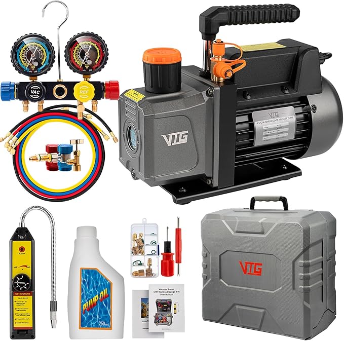 4.5 CFM AC Vacuum Pump and Gauge Set,for Mini Split/HVAC/Auto Systems,Manifold Gauge Kit Fits R134a R22 R410a,with Leak Detector,Upgraded Trifold Storage Case,4 Hoses,R134a Can Tap