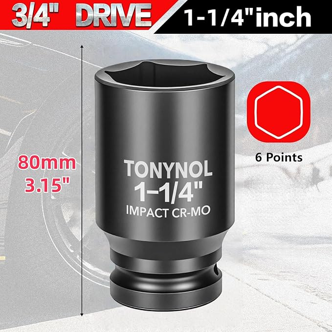 3/4" Inch Drive Deep Impact Socket,6-Point,SAE 1-1/4",80mmL,CR-MO,Heavy-Duty Automotive & Industrial Repair
