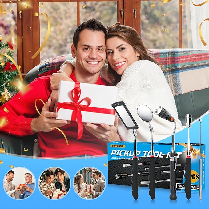 5 PCS Magnetic Pickup Tool Set, 1lb & 15lb Pick Up Rod, Magnetic Flashlight Pickup Tool, Round and Square 360 Swivel Adjustable Inspection Mirror, Fathers Day Dad Gifts, Birthday Gifts for Men, Him