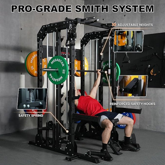Smith Machine for Home Gym - 2000lbs Capacity All-in-One Power Rack with Cable Crossover, Pull-Up Bar & Dip Station, Includes 18 Attachments, P107 Anvil