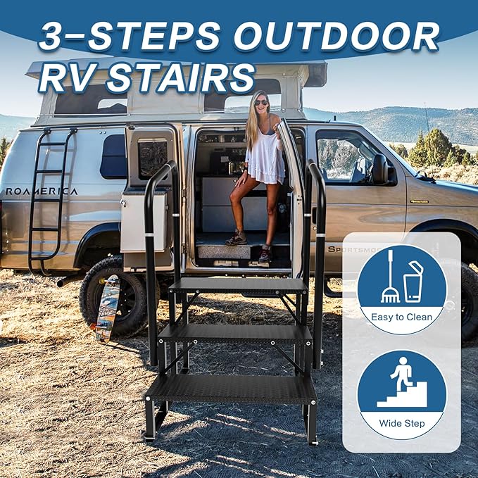 RV Steps, 3-Steps RV Stairs with Handrail Hot Tub Steps Camper Steps, Non-Slip Steps Outdoor Stairs for RV, Trailer, Mobile Home Stairs, Outdoor Spa