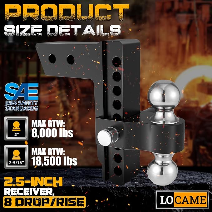 LOCAME Adjustable Trailer Hitch, Fits 2.5-Inch Receiver Only, 8-Inch Drop Aluminum Drop Hitch,18,500 LBS GTW-Tow Hitch for Heavy Duty Truck with Double Stainless Steel Locks, Black, LC0019