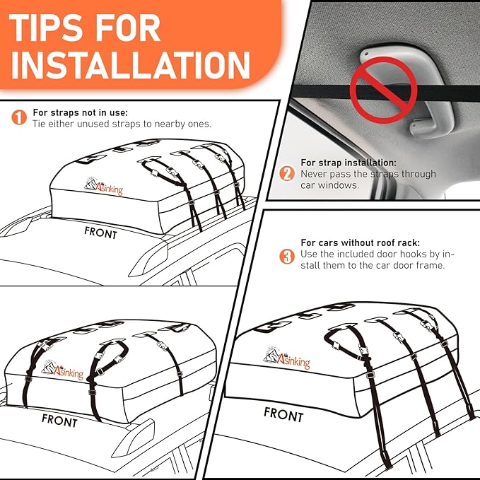 Asinking Car Roof Bag Rooftop top Cargo Carrier Bag 15 Cubic feet Waterproof for All Cars with/Without Rack, Includes Anti-Slip Mat, 10 Reinforced Straps, 6 Door Hooks, Luggage Lock