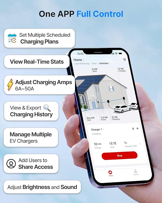 Home EV Charger Level 2, Active Load Management, Solar Charging Modes, OCPP Compatible & Future-Proof, 50A Hardwired EVSE with J1772 Connector