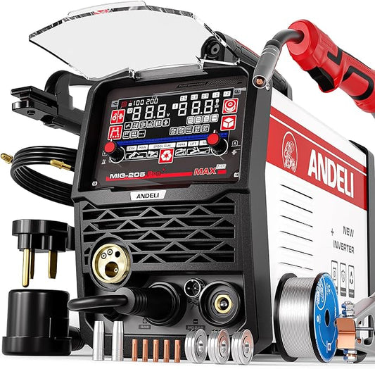 ANDELI 205A MIG Welder, [Large LED Display] 6-In-1 Multi Process Gas MIG/Flux Core MIG/Spool Gun MIG/Spot welding/Lift TIG/Stick Aluminum MIG Welding Machine，110/220V Dual Voltage Welder Machine