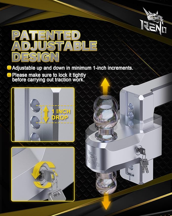 RENO Adjustable Trailer Hitch, Fits 2 inch Receiver Hitch 6" Rise/Drop Tow Hitch, Heavy Duty 2" & 2-5/16" Ball Hitches with 12,500 LBS GTW (1 Pack, Aluminum)