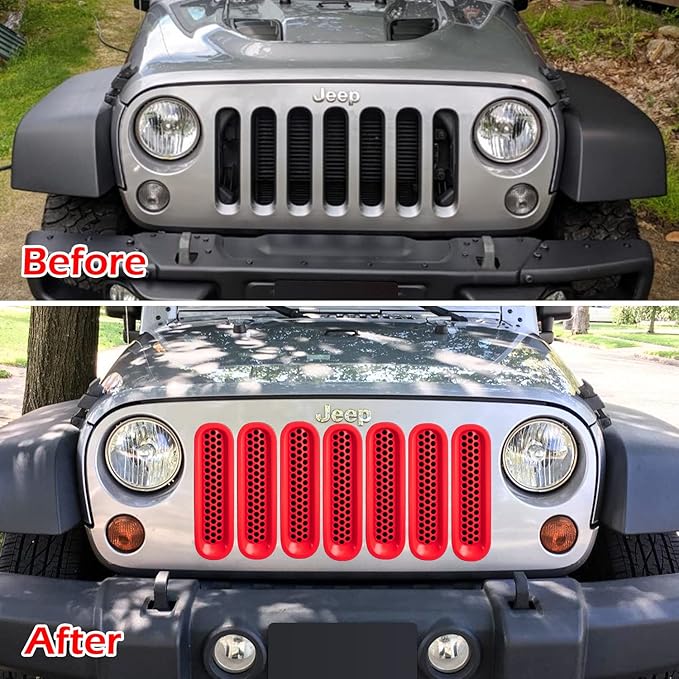 7PCS Front Grill Mesh Inserts for Jeep Wrangler JK JKU Unlimited 2007 2008 2009 2010 2011 2012 2013 2014 2015 2016 2017 2018 Grille Guard Cover Trim Clip-in Exterior Accessories (Matte Red)