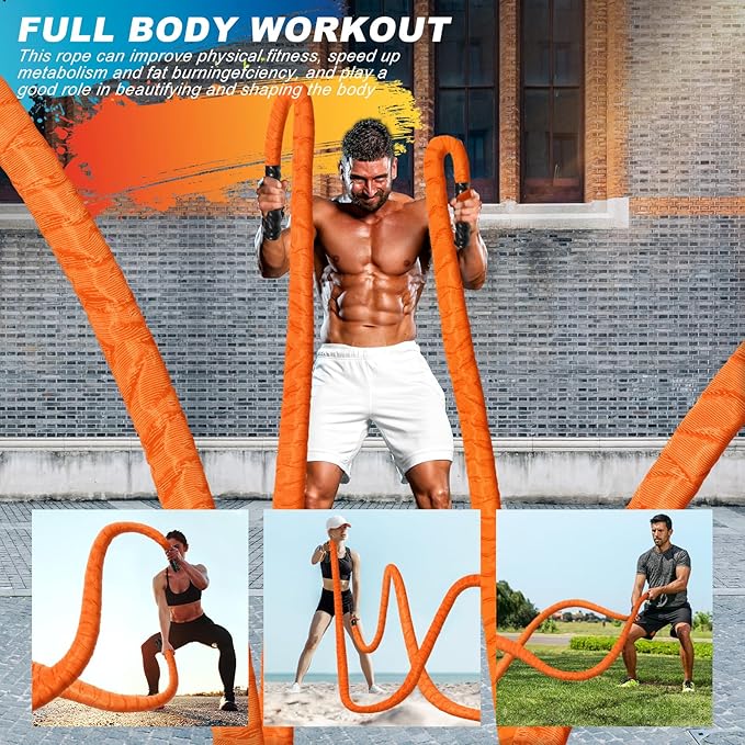 Battle Ropes for Home Gym 1.5Inch Diameter 30 FT Lengths Workout Heavy Battle Ropes for Exercise Training Weighted Ropes for Working Out Exercise Equipment with Protective Cove - Orange