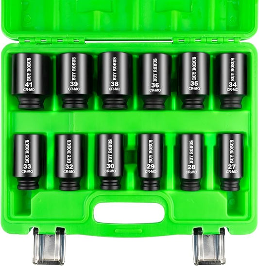 1/2 Inch Drive Deep Impact Socket Set,12 PCS Extended Socket Set, 6-Point Metric Size 27mm, 28mm, 29mm, 30mm, 32mm, 33mm, 34mm, 35mm, 36mm, 38mm, 39mm, 41mm Socket, Cr-Mo Steel,Heavy Duty Socket Set