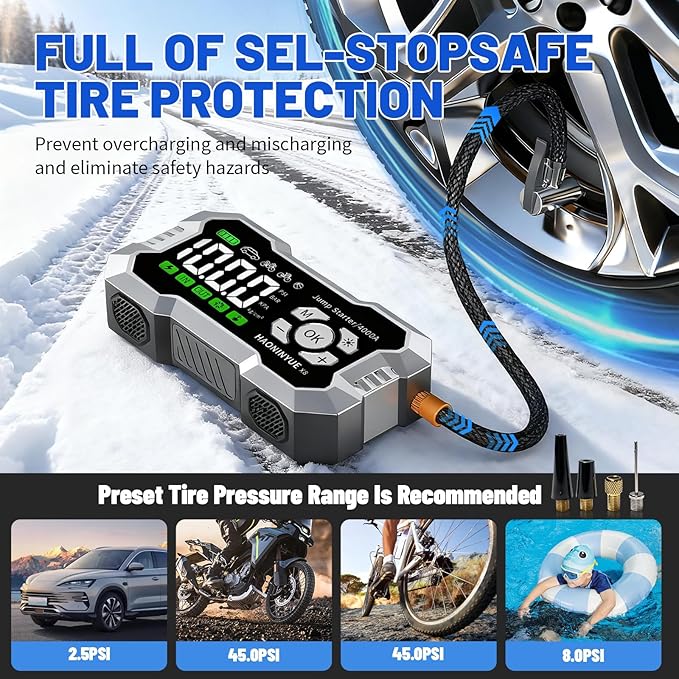 Car Jump Starter with Air Compressor,4000A Car Battery Jump Starter,150PSI Portable Tire Inflator,12V Jump Box Battery Pack (8L Gas 6L Diesel Engine) Car Battery Charger,LED Light,and Jumper Cables