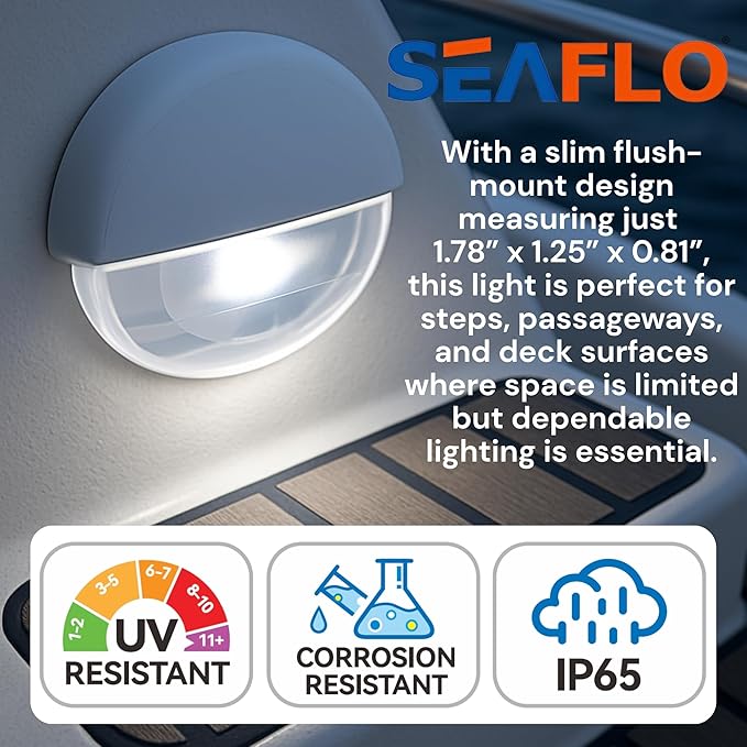 SEAFLO 04 Series LED Oblong Courtesy Light – Cool White, 12V, 0.2W, IP67, Compact Flush Mount Marine Step/Deck Accent Light for Boats/RV/Caravan, Durable PC Housing, 1.78”x1.25”x0.81”, 4-Year Warranty