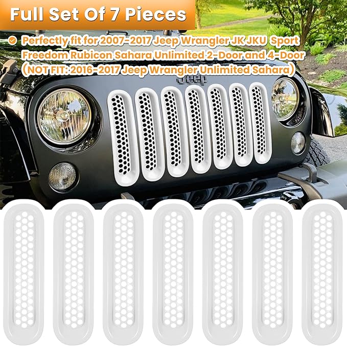 7PCS Front Grill Mesh Inserts for Jeep Wrangler JK JKU Unlimited 2007 2008 2009 2010 2011 2012 2013 2014 2015 2016 2017 2018 Grille Guard Cover Trim Clip-in Exterior Accessories (Matte White)