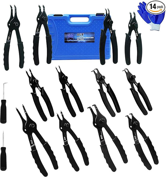 SGT 14pc Snap Ring Pliers Set,Internal & External Circlip Pliers with 45°/90° Bent and Straight Pliers, Hook & Pick,Heavy Duty Removal Tool with Storage Case & Gloves