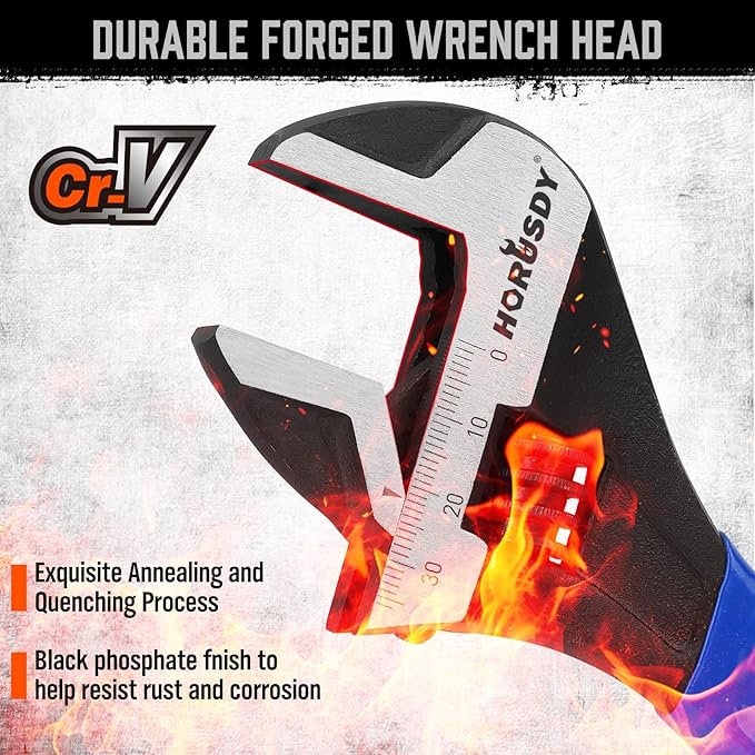 HORUSDY 3 Piece Adjustable Wrench Set, Wide Jaw Black Oxide Wrench, Metric & SAE Scales, Cr-V Steel, for Home, Garage, Workshop