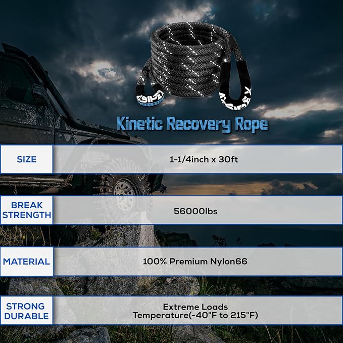 Kinetic Recovery Rope (Reflective) | 1.25in x 30ft 56,000Lbs Heavy Duty, 35% Elasticity Tow Rope - Offroad Snatch Strap for 4x4 Truck SUV UTV ATV Jeep